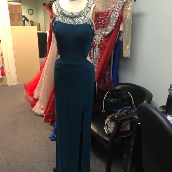 Peacock Blue off the shoulder beaded gown 18021 - Picture 1 of 6